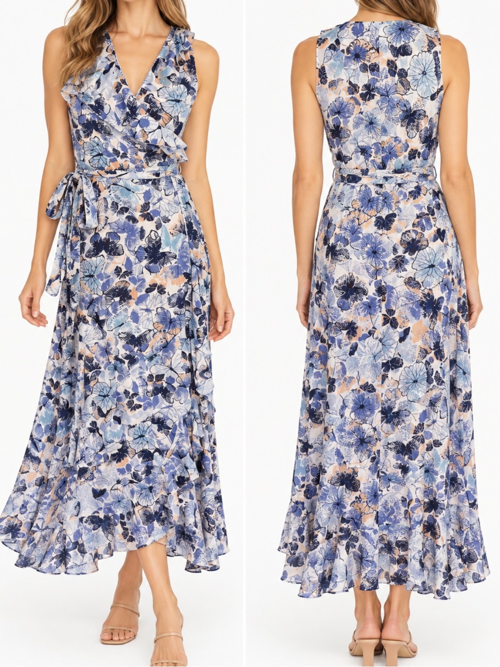 Poupette St Barth Gwen Wrapped Blue Mariposa Butterfly Flutter Maxi Dress S